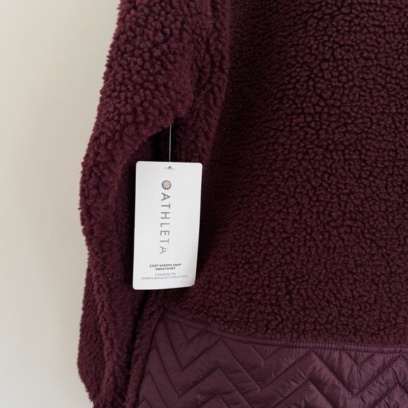 Athleta Cozy Sherpa Fleece Snap Sweatshirt Maroon Spiced Cabernet - Picture 3 of 4